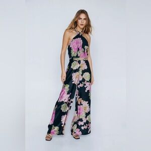 Nasty Gal Velvet Floral Cross Halter Wide Leg Jumpsuit
